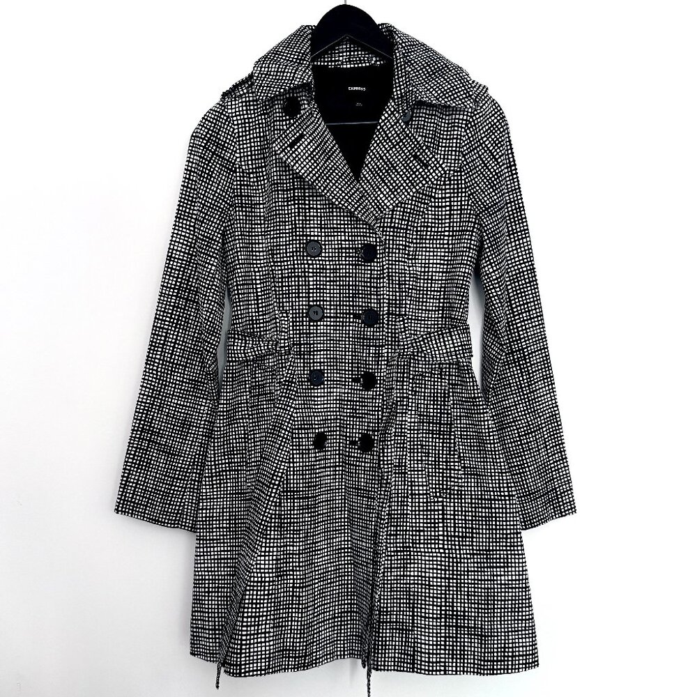 Express Gingham Print Trench Coat, Belted, Size XS